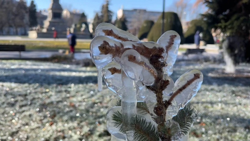 Поливната система създаде леден шедьовър в центъра на Русе